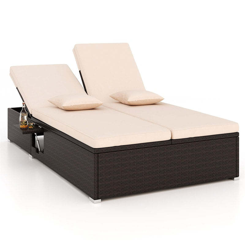 Outdoor Patio Daybed Rattan Double Chaise Lounge with Cushions, Pillows, Folding Side Trays, 6-Position Adjustable Backrest Wicker Loveseat Lounger