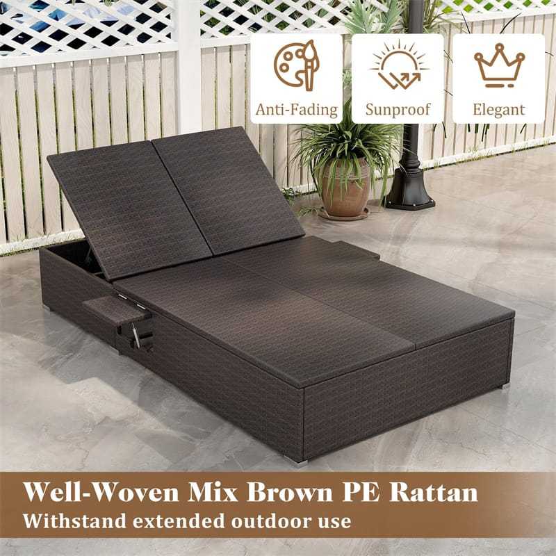 Outdoor Patio Daybed Rattan Double Chaise Lounge with Cushions, Pillows, Folding Side Trays, 6-Position Adjustable Backrest Wicker Loveseat Lounger