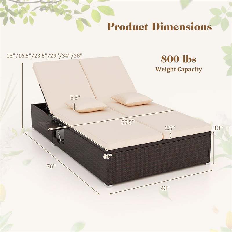 Outdoor Patio Daybed Rattan Double Chaise Lounge with Cushions, Pillows, Folding Side Trays, 6-Position Adjustable Backrest Wicker Loveseat Lounger