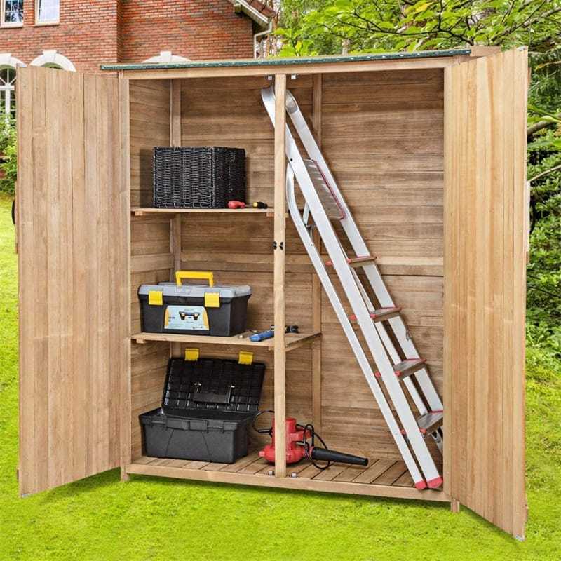 64" Solid Wood Outdoor Storage Shed Garden Tool Storage Cabinet Garden Hutch with 2 Lockable Doors & Tilted Asphalt Roof