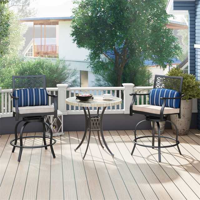 Outdoor Swivel Bar Stools Set of 2, Heavy Duty Metal Counter Height Patio Chairs with Soft Cushions, Lumbar Pillows & Cozy Armrests for Backyard