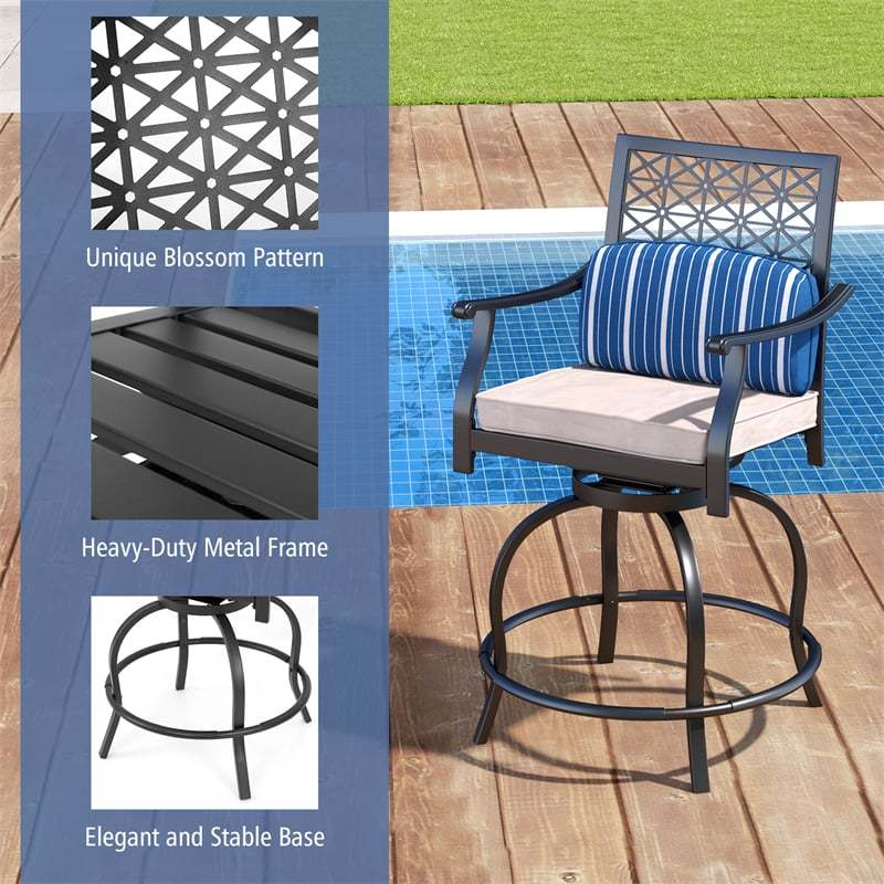 Outdoor Swivel Bar Stools Set of 4, Heavy Duty Metal Counter Height Patio Chairs with Soft Cushions, Lumbar Pillows & Cozy Armrests for Backyard, Deck