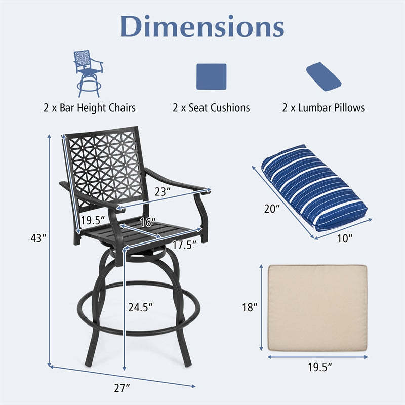 Outdoor Swivel Bar Stools Set of 4, Heavy Duty Metal Counter Height Patio Chairs with Soft Cushions, Lumbar Pillows & Cozy Armrests for Backyard, Deck