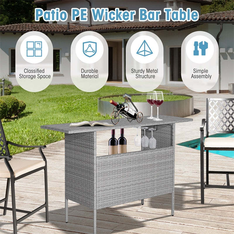 Outdoor Wicker Bar Table All Weather Rattan Bar Counter Table with 2 Metal Mesh Shelves & 2-Rail Steel Stemware Racks