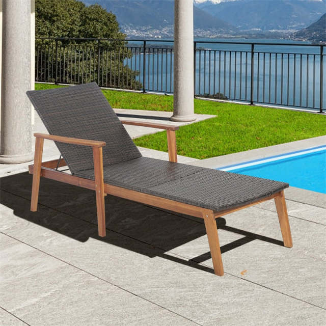 Patio Rattan Chaise Lounge Chair, Acacia Wood Frame Outdoor Recliner with 4-Position Adjustable Backrest for Poolside Backyard Garden, 800LBS Capacity