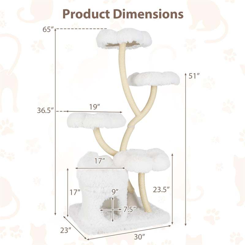 65" Tall Multi-Level Cat Tree, Freestanding Cat Tower w/2-in-1 Cat Condo, Plush Flower Platforms & Sisal Scratching Posts for Large Indoor Cats