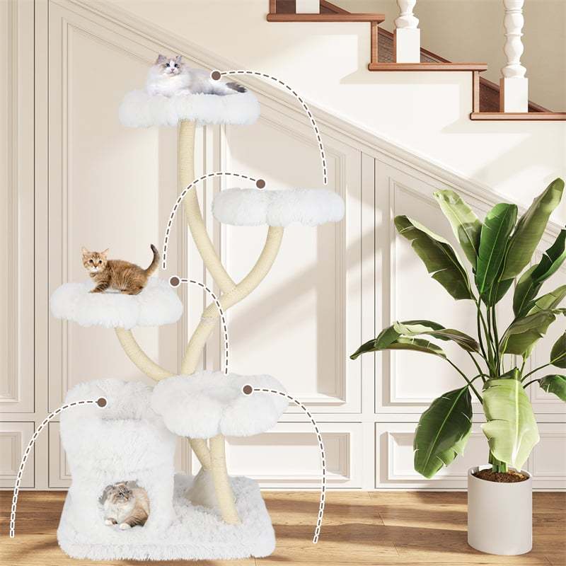 65" Tall Multi-Level Cat Tree, Freestanding Cat Tower w/2-in-1 Cat Condo, Plush Flower Platforms & Sisal Scratching Posts for Large Indoor Cats