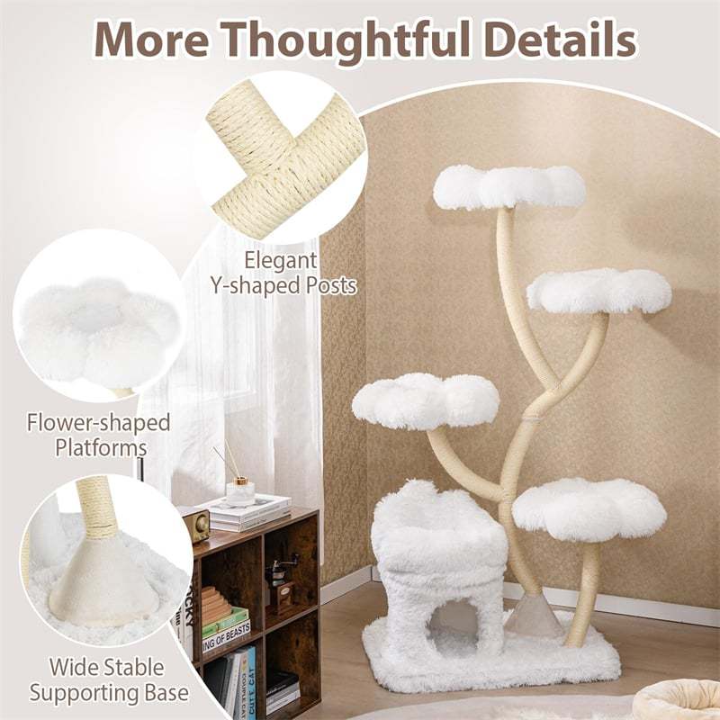 65" Tall Multi-Level Cat Tree, Freestanding Cat Tower w/2-in-1 Cat Condo, Plush Flower Platforms & Sisal Scratching Posts for Large Indoor Cats