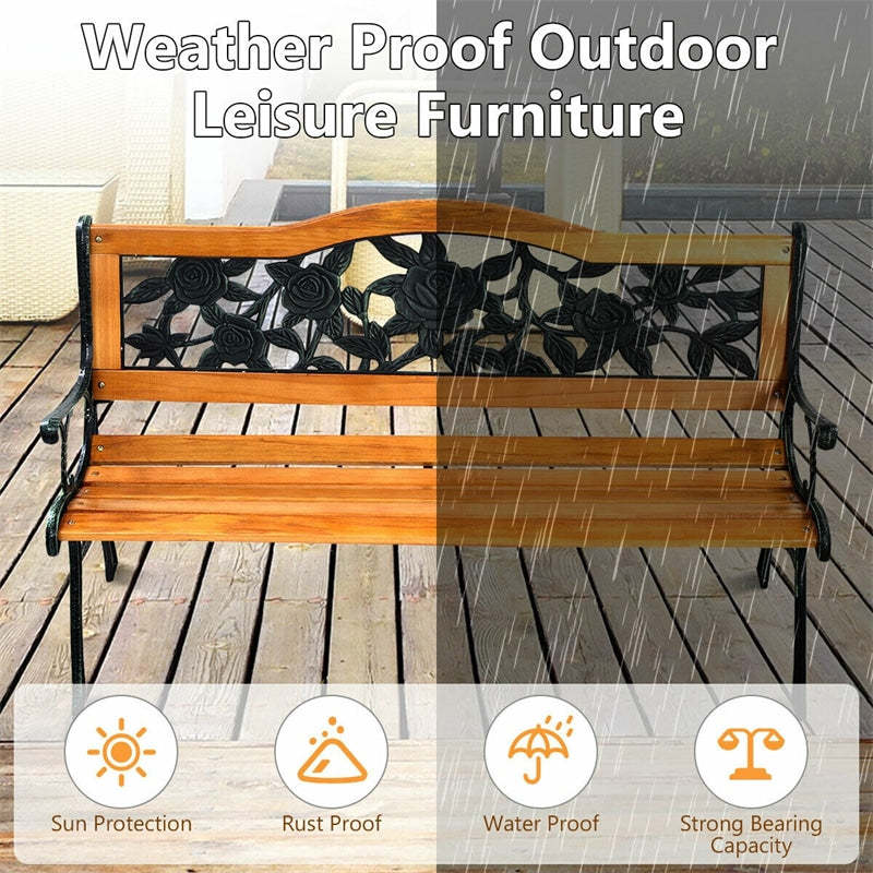 50" Patio Park Bench, Cast Iron Hardwood Outdoor Garden Bench with Backrest, Slatted Seat & Curved Armrests, Weatherproof Porch Path Chair