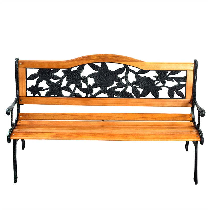 50" Patio Park Bench, Cast Iron Hardwood Outdoor Garden Bench with Backrest, Slatted Seat & Curved Armrests, Weatherproof Porch Path Chair
