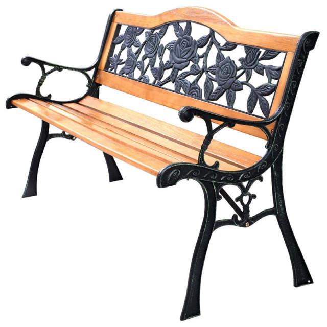 50" Patio Park Bench, Cast Iron Hardwood Outdoor Garden Bench with Backrest, Slatted Seat & Curved Armrests, Weatherproof Porch Path Chair