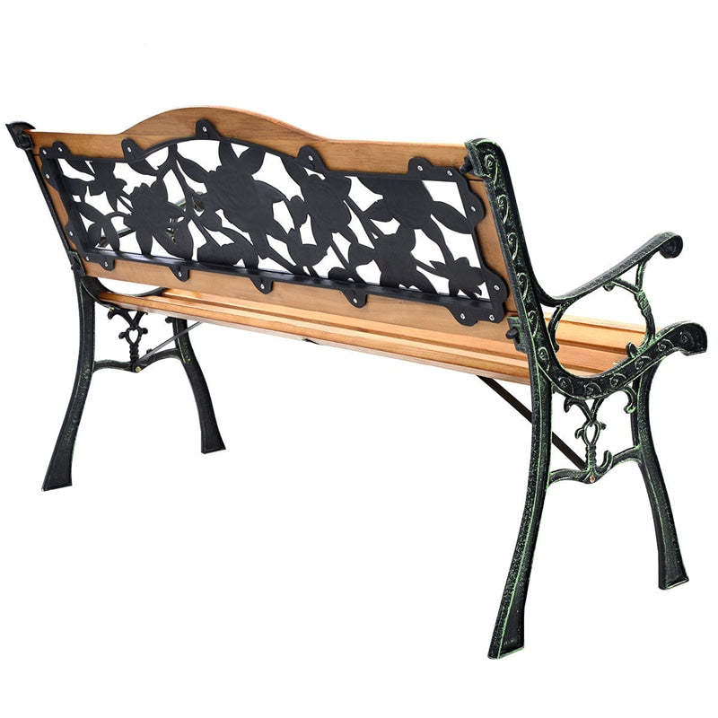 50" Patio Park Bench, Cast Iron Hardwood Outdoor Garden Bench with Backrest, Slatted Seat & Curved Armrests, Weatherproof Porch Path Chair