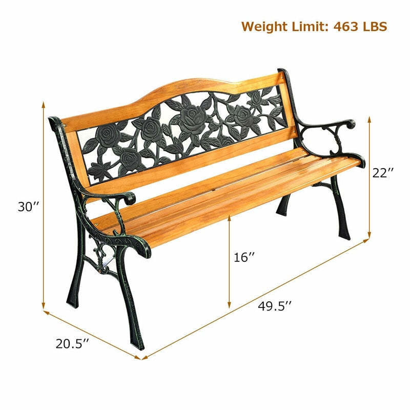 50" Patio Park Bench, Cast Iron Hardwood Outdoor Garden Bench with Backrest, Slatted Seat & Curved Armrests, Weatherproof Porch Path Chair
