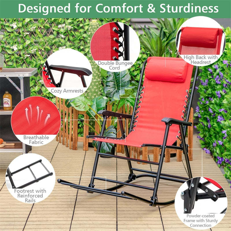 2PCS Folding Zero Gravity Rocking Chairs, High Back Outdoor Camping Rockers with Pillows, Armrests & Footrests, Portable Patio Lawn Chairs