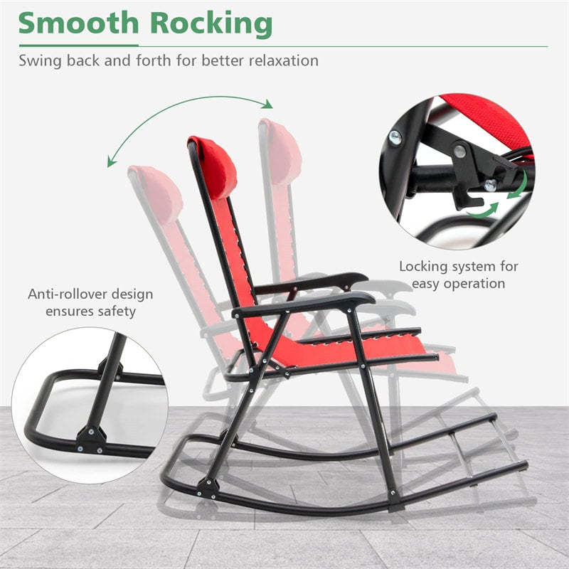 2PCS Folding Zero Gravity Rocking Chairs, High Back Outdoor Camping Rockers with Pillows, Armrests & Footrests, Portable Patio Lawn Chairs