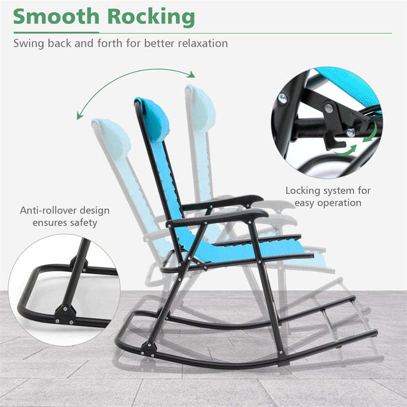 2PCS Folding Zero Gravity Rocking Chairs, High Back Outdoor Camping Rockers with Pillows, Armrests & Footrests, Portable Patio Lawn Chairs