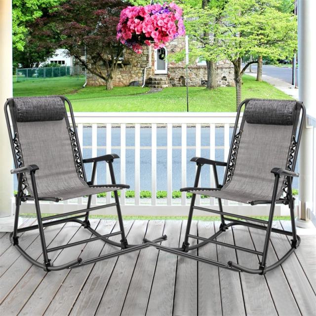 2PCS Folding Zero Gravity Rocking Chairs, High Back Outdoor Camping Rockers with Pillows, Armrests & Footrests, Portable Patio Lawn Chairs