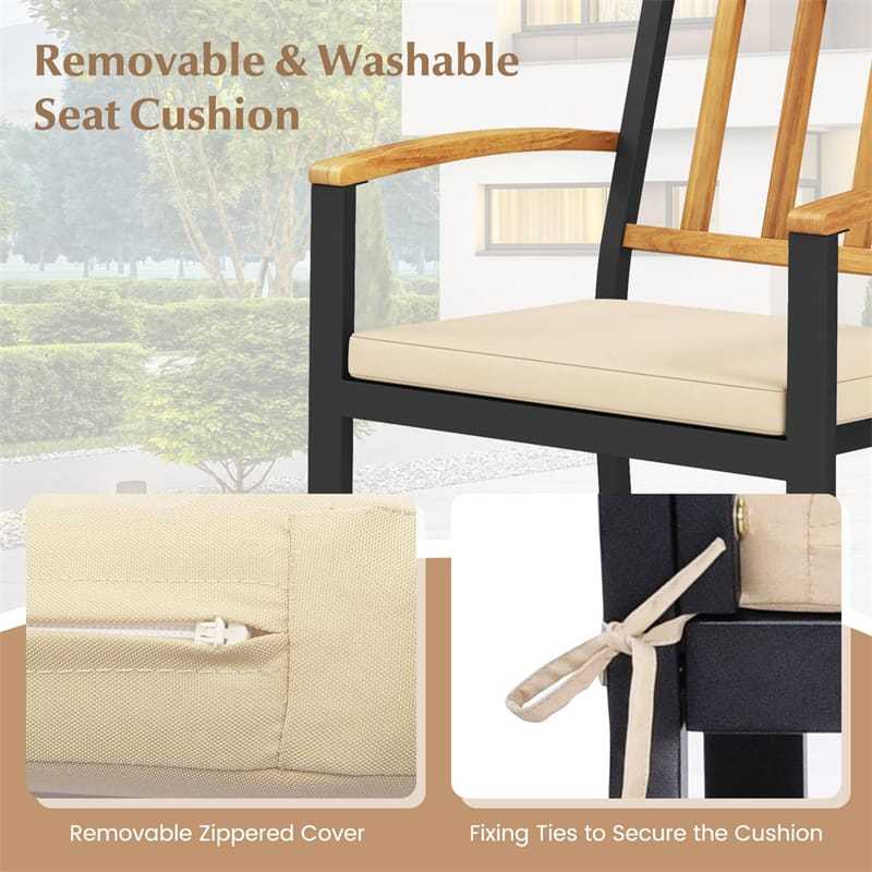 Patio Dining Chairs Metal Outdoor Chairs with Removable Padded Cushions, Acacia Wood Backrests & Armrests, 400lbs Capacity Bistro Chairs