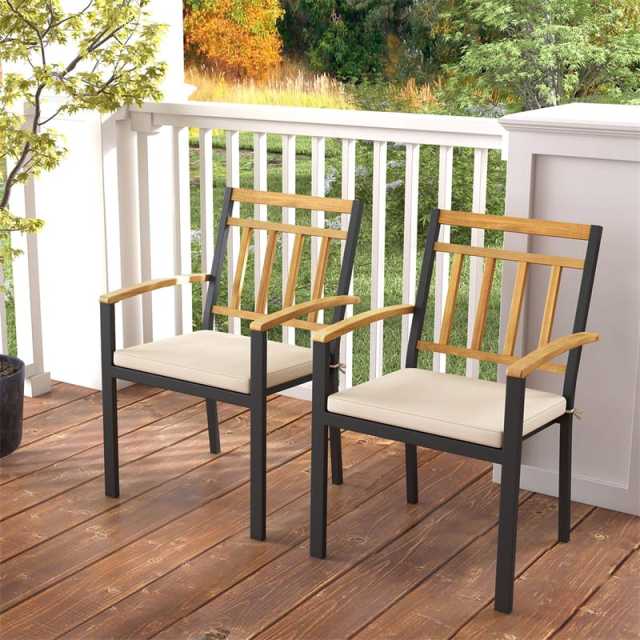 Patio Dining Chairs Metal Outdoor Chairs with Removable Padded Cushions, Acacia Wood Backrests & Armrests, 400lbs Capacity Bistro Chairs