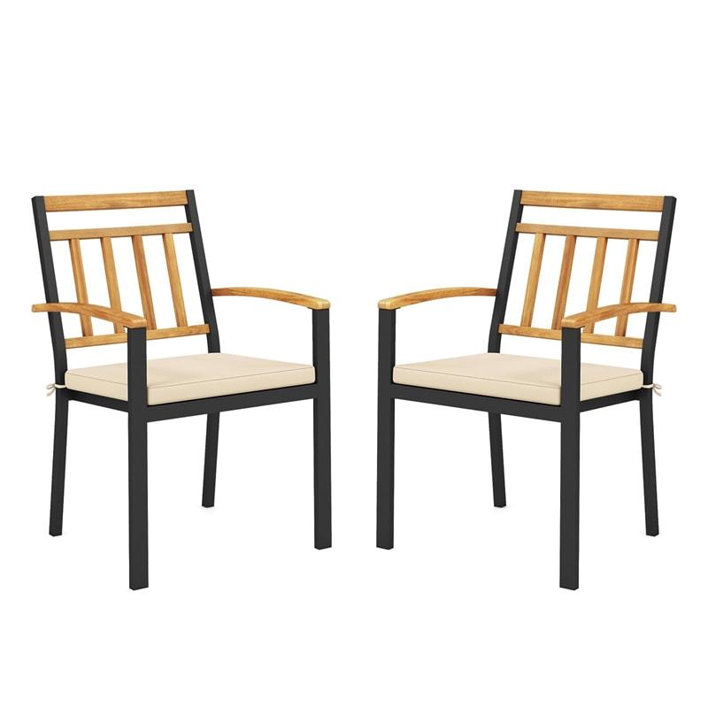 Patio Dining Chairs Metal Outdoor Chairs with Removable Padded Cushions, Acacia Wood Backrests & Armrests, 400lbs Capacity Bistro Chairs