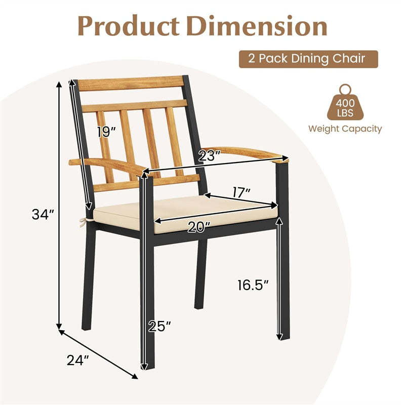 Patio Dining Chairs Metal Outdoor Chairs with Removable Padded Cushions, Acacia Wood Backrests & Armrests, 400lbs Capacity Bistro Chairs