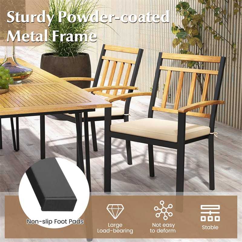 Patio Dining Chairs Metal Outdoor Chairs with Removable Padded Cushions, Acacia Wood Backrests & Armrests, 400lbs Capacity Bistro Chairs
