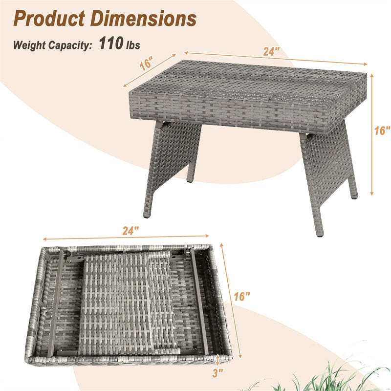 Patio Folding PE Rattan Side Table, Portable Wicker Coffee Table & Bistro Table with Steel Frame for Poolside, Lawn & Outdoor Living