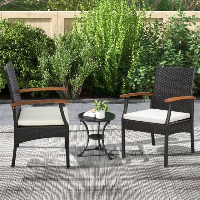 Patio PE Rattan Dining Chairs with Acacia Wood Armrests, Soft Zippered Cushions, Heavy-Duty Metal Frame Wicker Outdoor Armchairs for Balcony