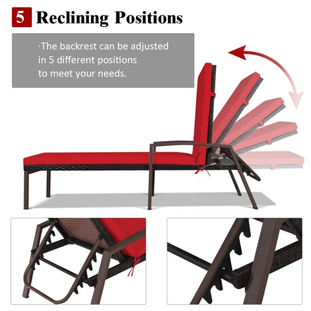 Patio Rattan Lounge Chair with Cushion, Armrest, Adjustable Backrest, Wicker Outdoor Chaise Lounge Sun Lounger for Garden, Balcony, Poolside