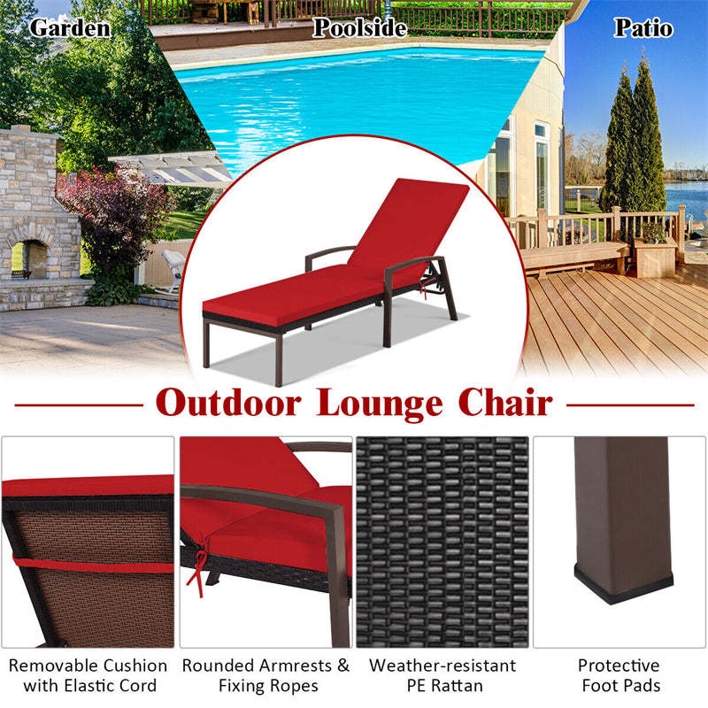 Patio Rattan Lounge Chair with Cushion, Armrest, Adjustable Backrest, Wicker Outdoor Chaise Lounge Sun Lounger for Garden, Balcony, Poolside