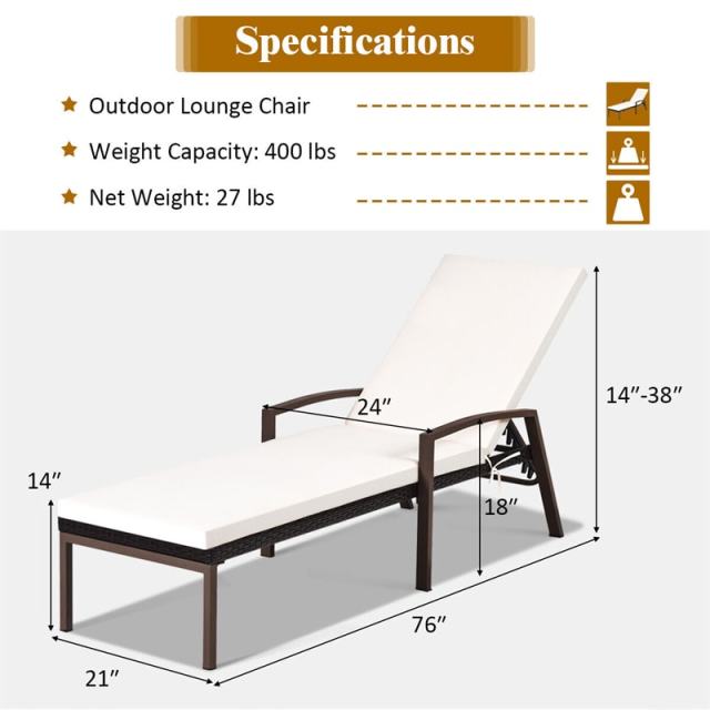 Patio Rattan Lounge Chair with Cushion, Armrest, Adjustable Backrest, Wicker Outdoor Chaise Lounge Sun Lounger for Garden, Balcony, Poolside