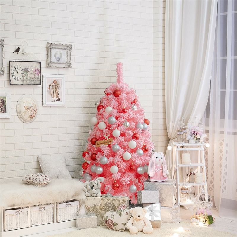 4.5FT Pink Snow Flocked Christmas Tree, Unlit Hinged Artificial Tree with 348 PVC Branch Tips & Metal Stand for Indoor Holiday Decor