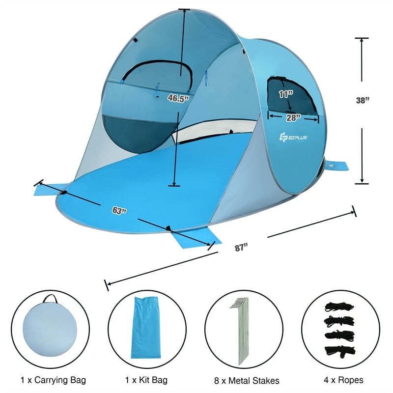 3-4 Person Pop Up Beach Tent, Anti-UV UPF 50+ Portable Camping Sun Shelter with 2 Mesh Windows for Picnic, Hiking