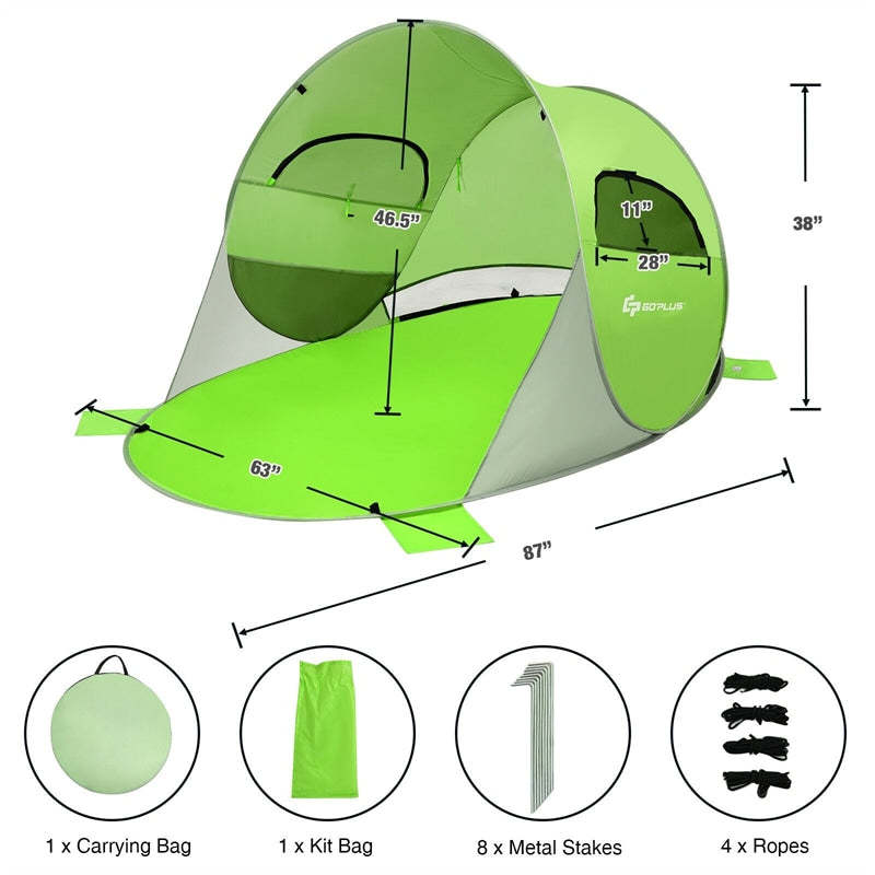 3-4 Person Pop Up Beach Tent, Anti-UV UPF 50+ Portable Camping Sun Shelter with 2 Mesh Windows for Picnic, Hiking