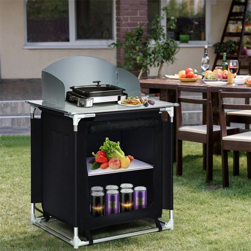 Portable Camping Kitchen Outdoor Cooking Table with Storage Shelves