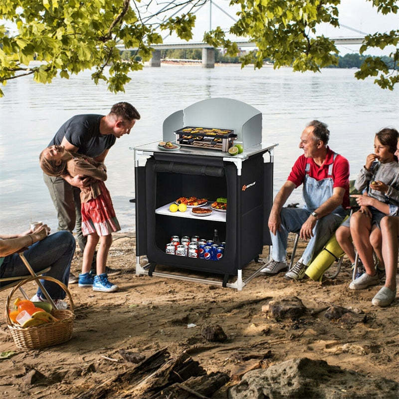 Portable Camping Kitchen Outdoor Cooking Table with Storage Shelves