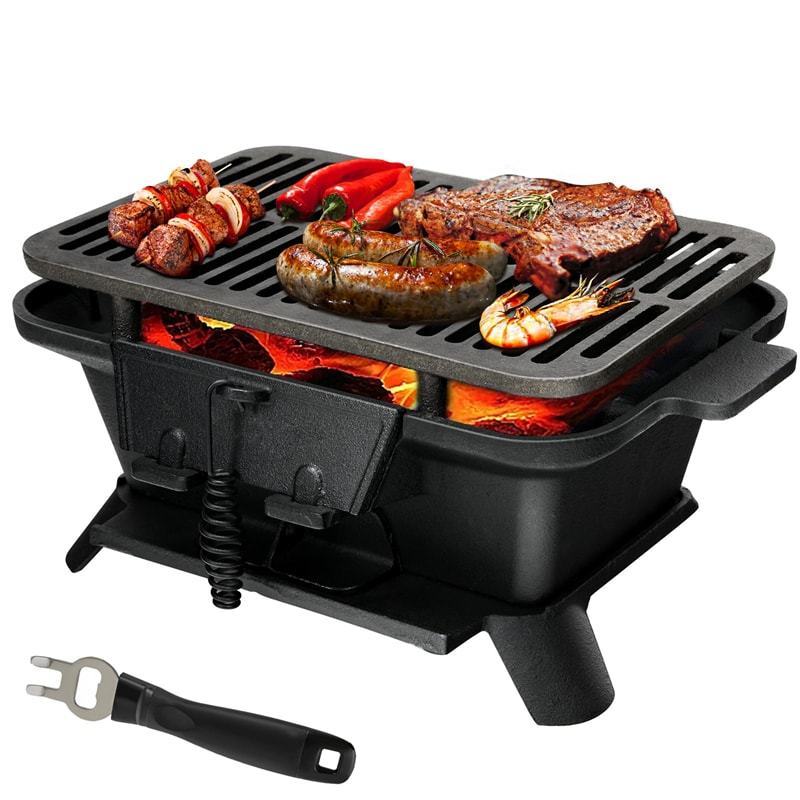 Portable Cast Iron Hibachi Grill, Japanese Tabletop Charcoal Grill with Double-Side Sear Grate & Grill Lifter for Camping, Picnics & Backyard BBQs