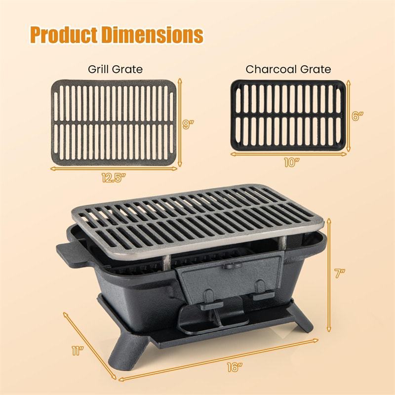 Portable Cast Iron Hibachi Grill, Japanese Tabletop Charcoal Grill with Double-Side Sear Grate & Grill Lifter for Camping, Picnics & Backyard BBQs