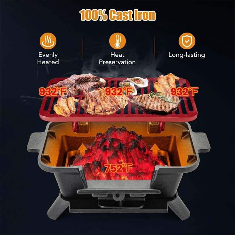 Portable Cast Iron Hibachi Grill, Japanese Tabletop Charcoal Grill with Double-Side Sear Grate & Grill Lifter for Camping, Picnics & Backyard BBQs