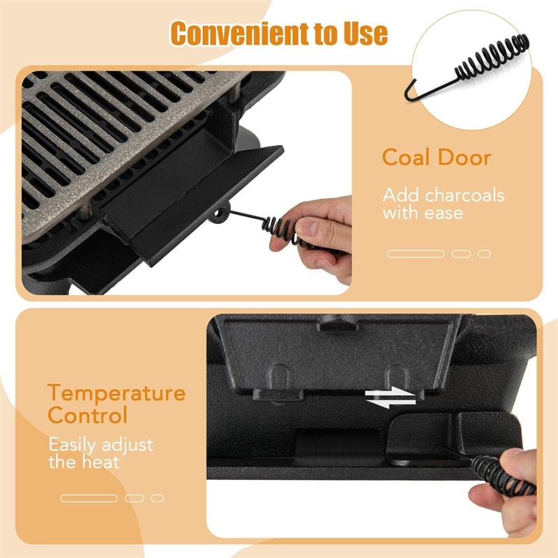 Portable Cast Iron Hibachi Grill, Japanese Tabletop Charcoal Grill with Double-Side Sear Grate & Grill Lifter for Camping, Picnics & Backyard BBQs