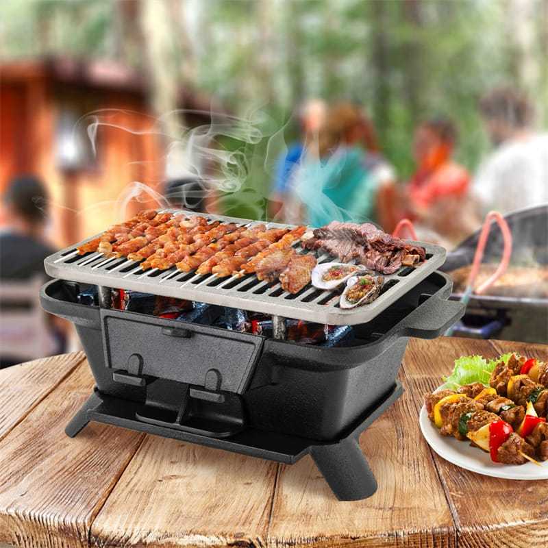 Portable Cast Iron Hibachi Grill, Japanese Tabletop Charcoal Grill with Double-Side Sear Grate & Grill Lifter for Camping, Picnics & Backyard BBQs