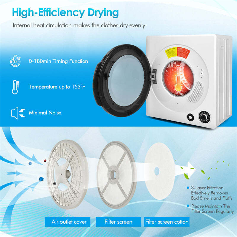 Portable Clothes Dryer, 13.2 LBS Compact Front Load Electric Tumble Dryer with Stainless Steel Drum & 5 Drying Programs, 1350W