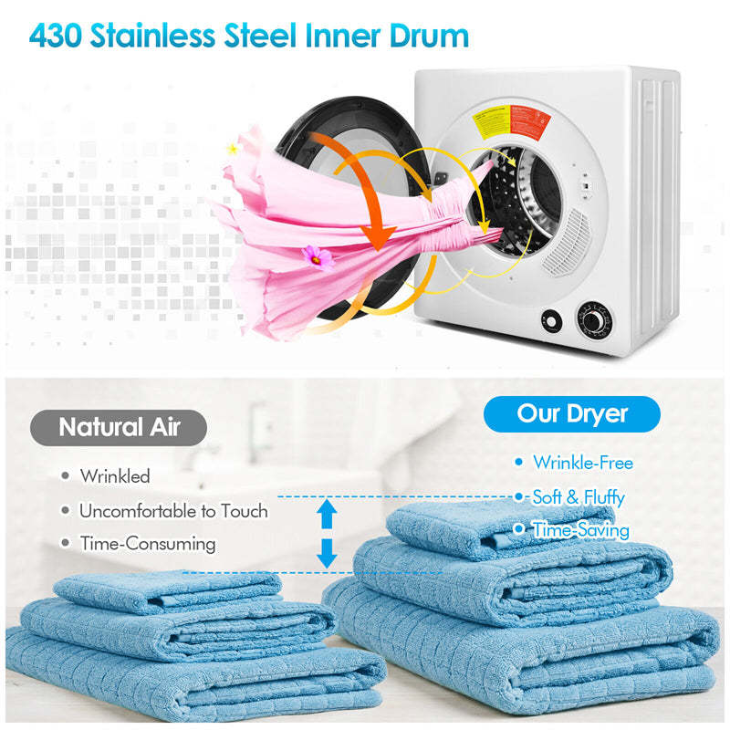 Portable Clothes Dryer, 13.2 LBS Compact Front Load Electric Tumble Dryer with Stainless Steel Drum & 5 Drying Programs, 1350W