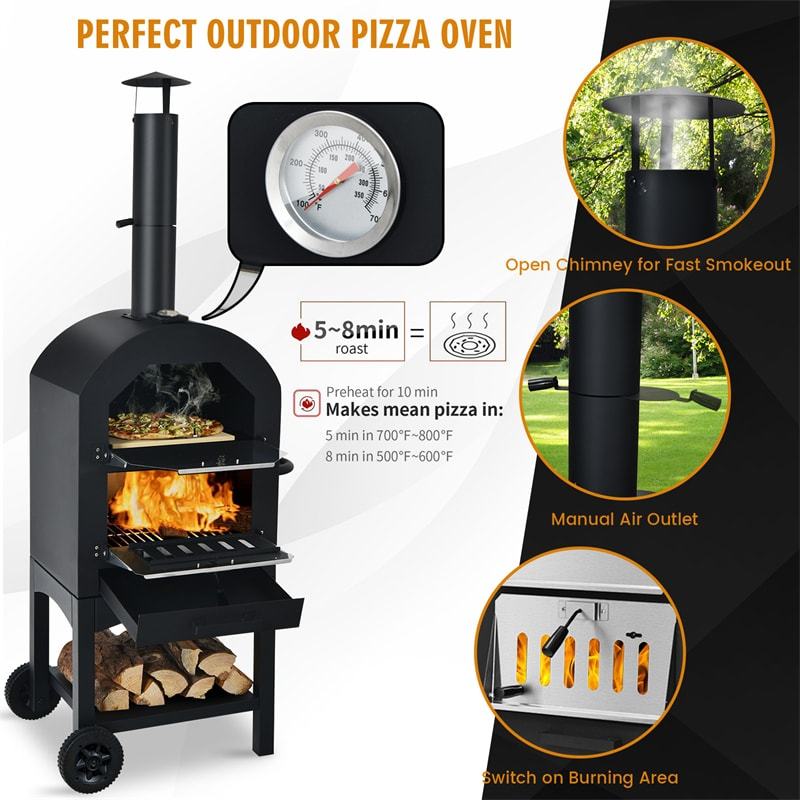 Outdoor Pizza Oven 2-Layer Wood Fired Pizza Oven with Wheels, Built-in Thermometer, Pizza Stone, Waterproof Cover, Portable Pizza Maker for BBQ Picnic