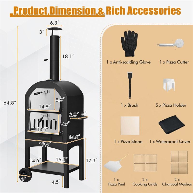 Outdoor Pizza Oven 2-Layer Wood Fired Pizza Oven with Wheels, Built-in Thermometer, Pizza Stone, Waterproof Cover, Portable Pizza Maker for BBQ Picnic