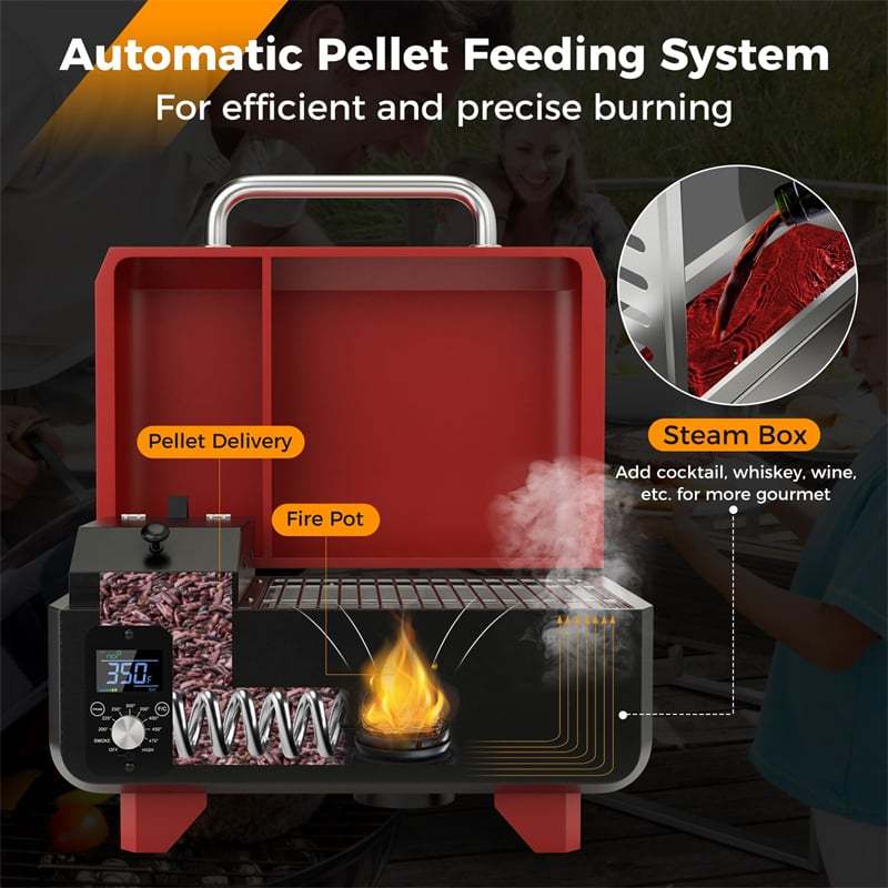 Pellet Grill and Smoker Portable Pellet Smoker Tabletop Wood Pellet Grill w/ Temperature Control, Removable Ash Pan, Grease Tray for Camping BBQ