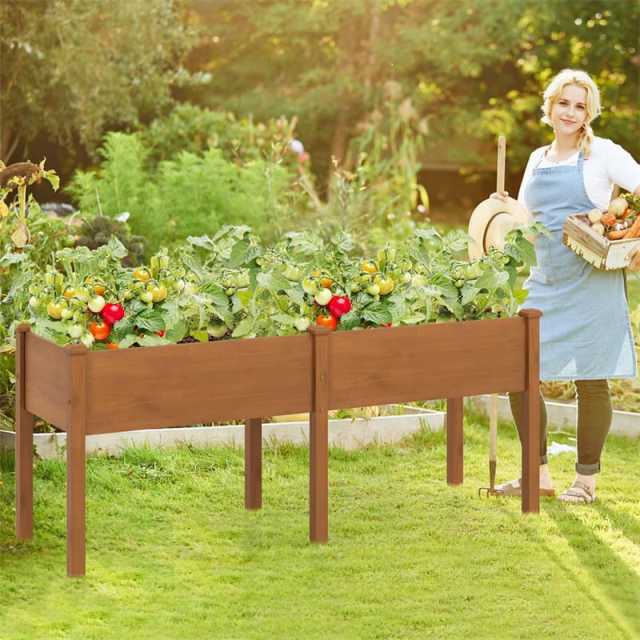 Wood Raised Garden Bed with 6 Legs, Divider Panel & Drainage, Elevated Planter Box for Vegetables, Flowers, 73x23x30 Inch