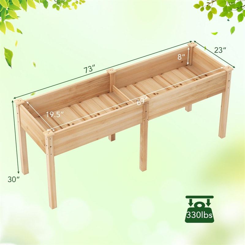 Wood Raised Garden Bed with Legs, Divider Panel & Drainage Holes, 73"x23"x30" Elevated Planter Box for Vegetables, Fruits, Flowers, Herbs