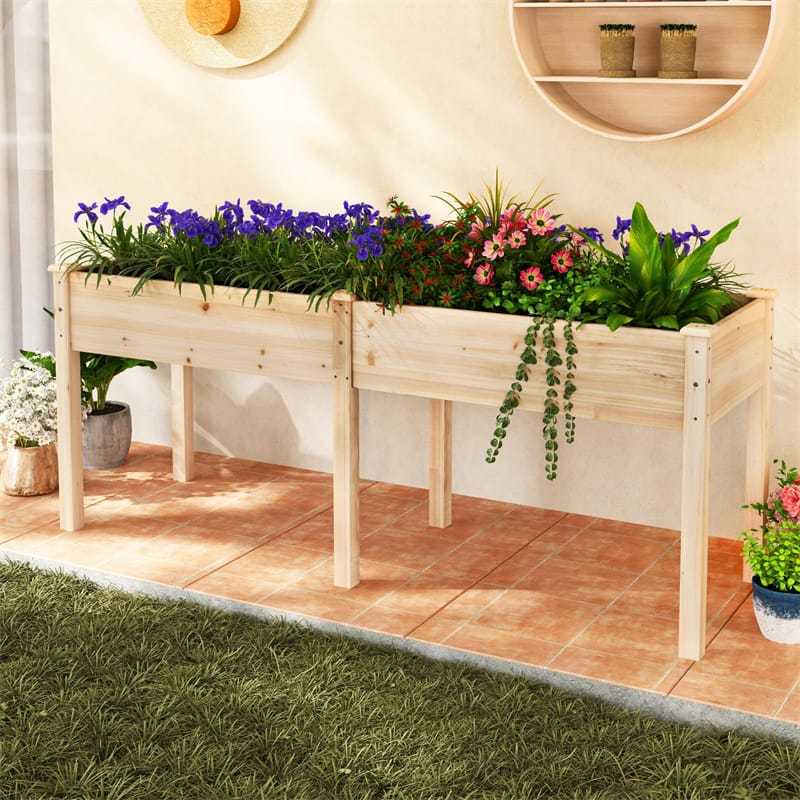 Wood Raised Garden Bed with Legs, Divider Panel & Drainage Holes, 73"x23"x30" Elevated Planter Box for Vegetables, Fruits, Flowers, Herbs