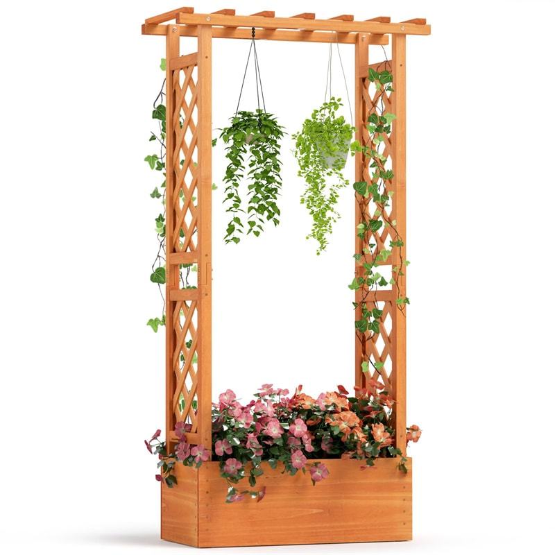 Raised Garden Bed with 2-Sided Trellis, Hanging Roof, Drainage Holes, Indoor/Outdoor Wood Planter Box for Climbing Plants, Vines, Flowers